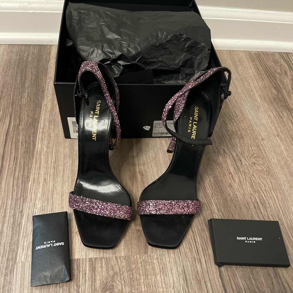 Saint Laurent Black Sandals with Pink Glitter Straps
